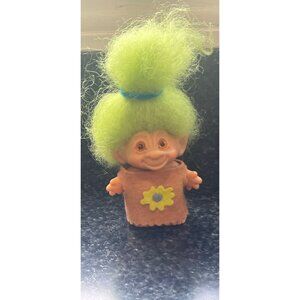 Vtg Dam Troll Doll  Lime Green Hair 3" Trolls 1960s Orange Black Eyes Handmade